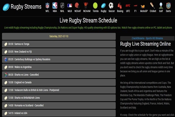 streaming di rugby gratis
