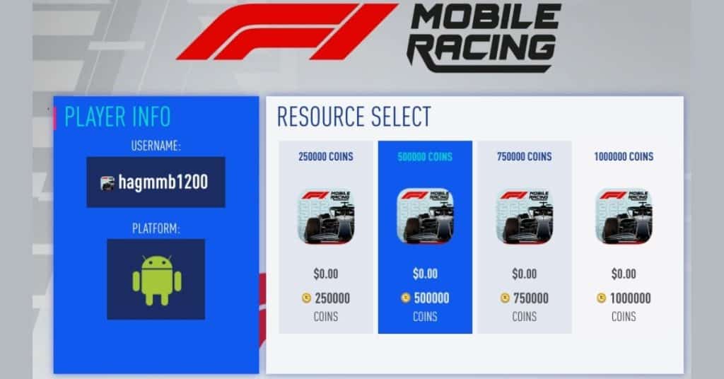 generador de monedas y fichas gratis F1 Mobile Racing